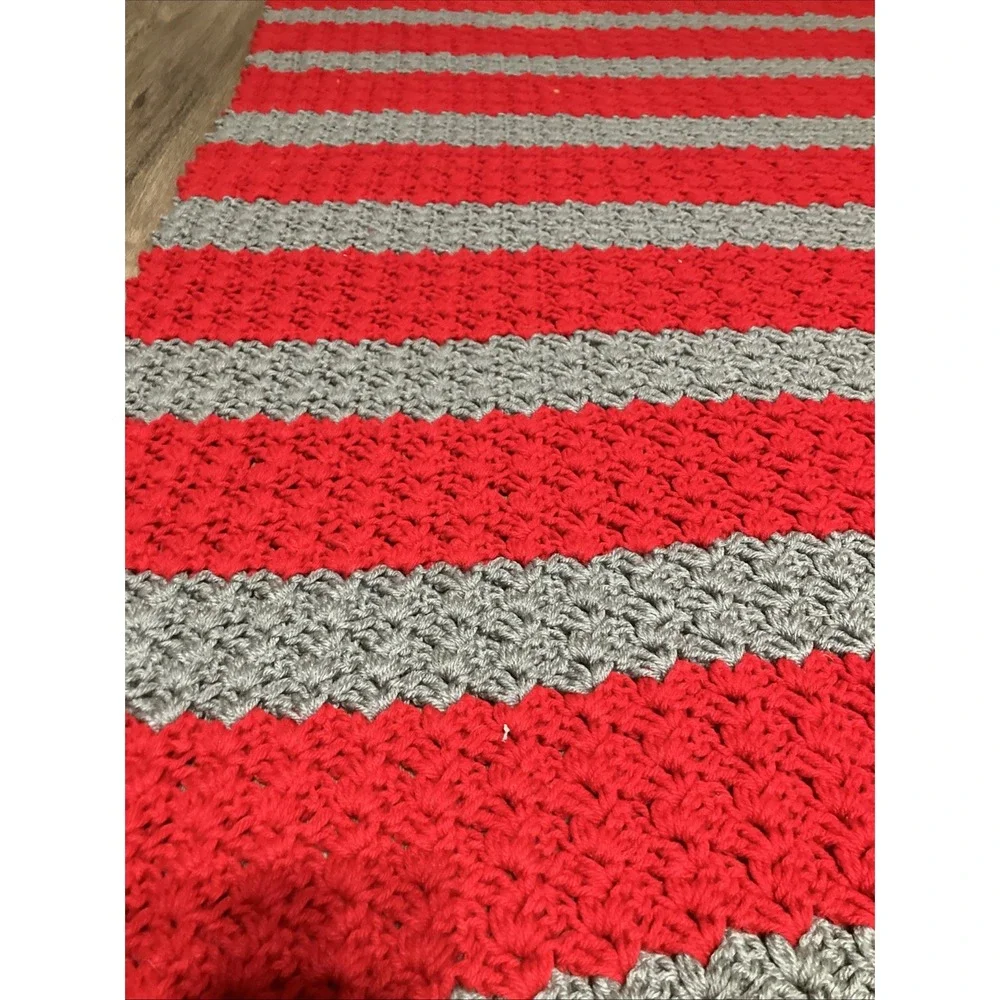 , red, gray crochet blanket. Approx 63X37 Inches